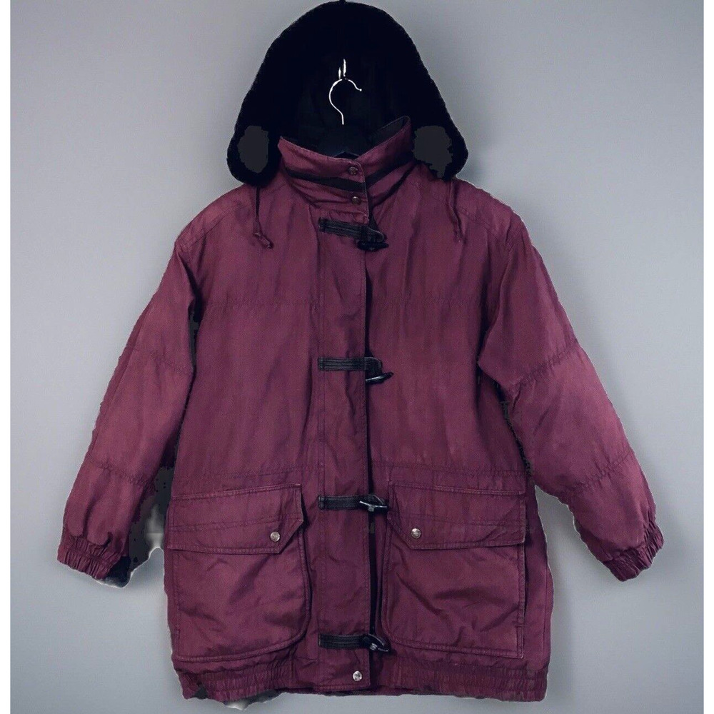 Current Seen Long Jacket M Womens VTG Faux Fur Hood Wine Red Toggle Button Zip